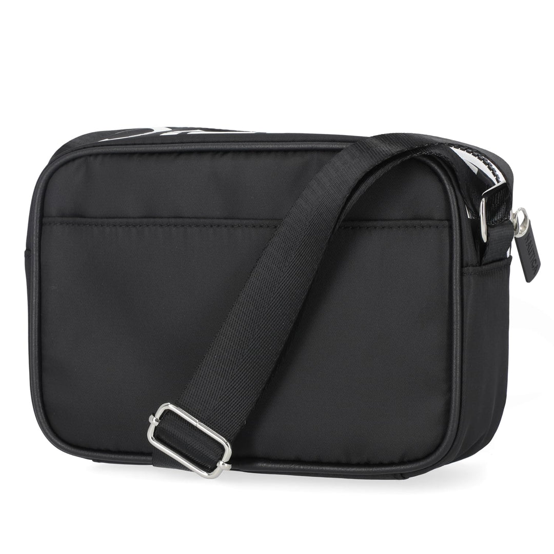 Black shoulder bag with a strap on a white background