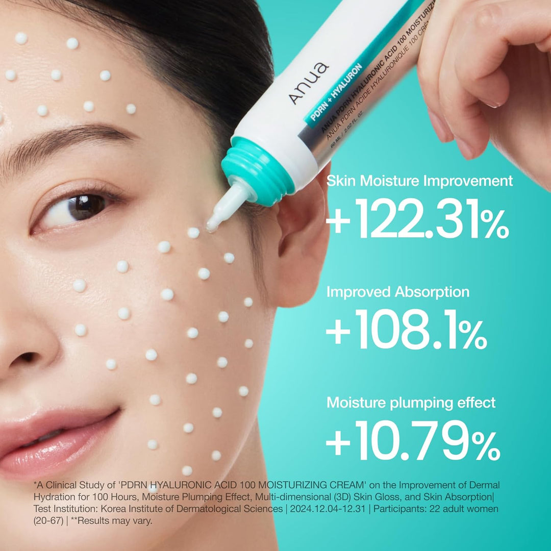 Anua PDRN Hyaluronic Acid 100 Moisturizing Cream, Lightweight, Non-Greasy Hydrating Face Moisturizer with Salmon DNA for Glass Skin, Korean Skincare (2.02 fl oz)