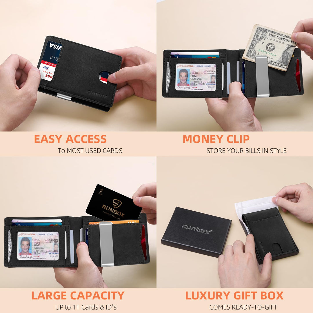 محفظة رن بوكس (RUNBOX) النحيفة للرجال - محفظة جلدية ثنائية الطي مزودة بمشبك للنقود وحماية من مسح البيانات (RFID)، تصميم بسيط للجيب الأمامي، تتسع لـ 11 بطاقة، تصميم رفيع، حماية من مسح البيانات (RFID)
