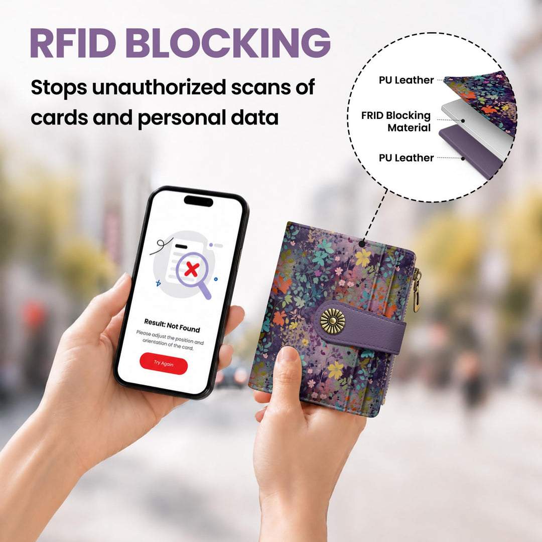 محفظة ألونيد الصغيرة للنساء، محفظة بطاقات ثنائية الطي لطيفة ومحمية من تقنية RFID، تحتوي على 10 فتحات للبطاقات، ومقصورة للنقود، وجيب بسحاب للعملات المعدنية، ونافذة للهوية، بحجم مدمج ومصنوعة من جلد نباتي ناعم