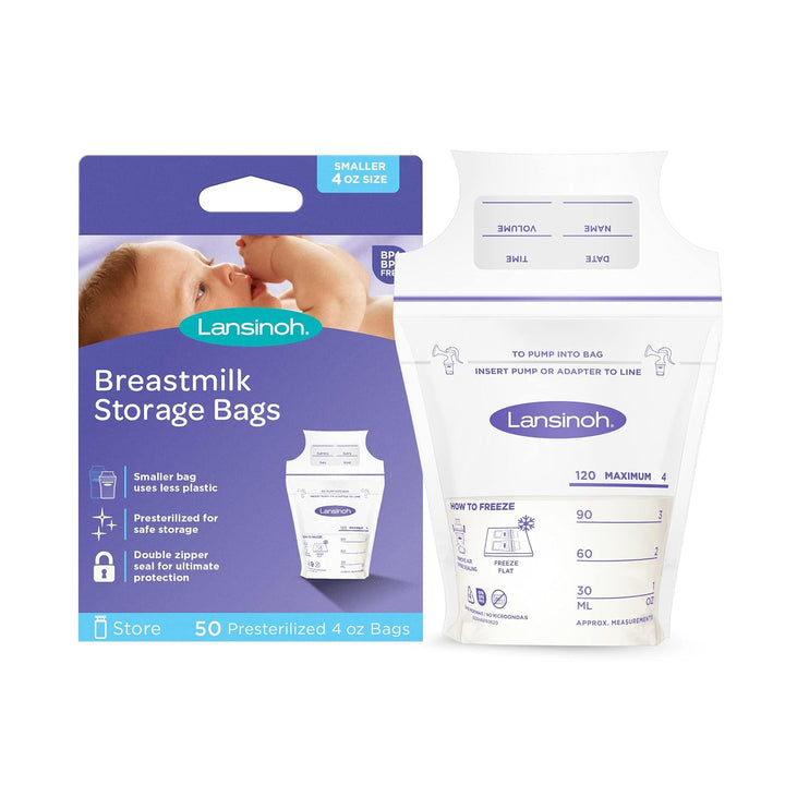 Lansinoh Breastmilk Storage Bags, 50 Count, Baby Essentials, Fast Freeze &amp; Thaw Breast Milk Bags for Baby Bottle Feeding, Strength &amp; Stretch, 4 Ounce