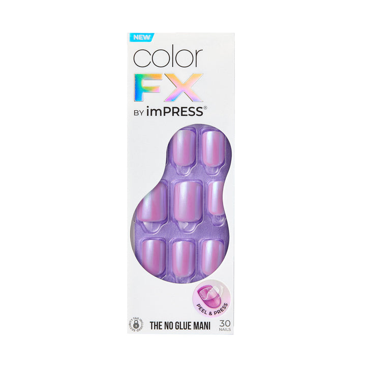 KISS colorFX by imPRESS Press On Nails , ‘Reconnect’, Solid Blue with Pearlescent Finish, Short Oval, New &amp; Improved Adhesive, Includes 30 Fake Nails, Prep Pad, 1 Manicure Stick, 1 Mini Nail File