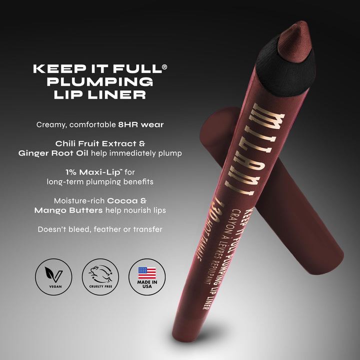 محدد شفاه "كيب إت فول" من ميلاني - مكياج كريمي طويل الأمد بتركيبة غنية بالأصباغ تمنح الشفاه مظهراً ممتلئاً بشكل واضح مع ثبات يصل إلى 8 ساعات. يتميز بنسبة 1% من مركب "ماكسي-ليب" لنتائج تكبير طويلة الأمد.
