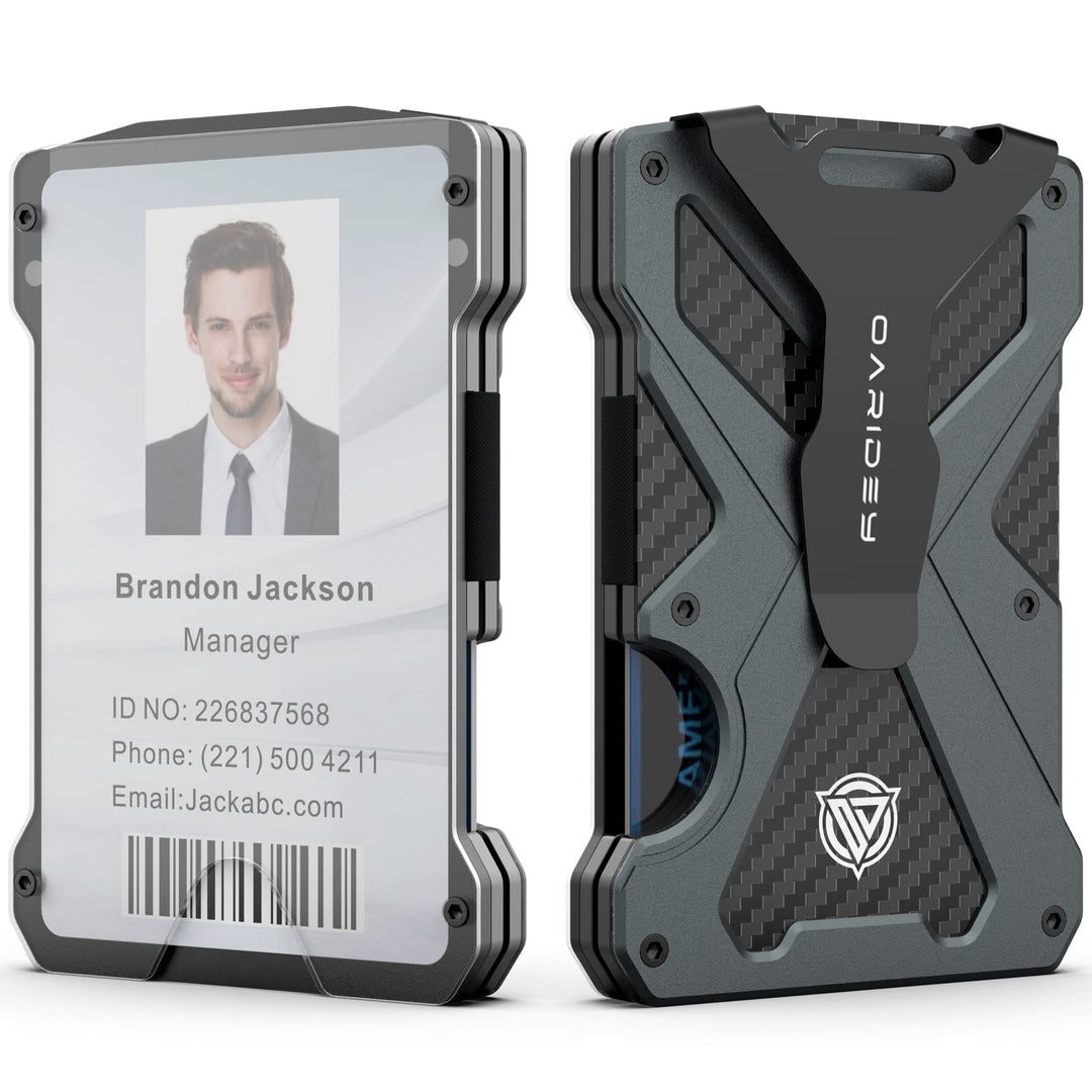 Oaridey Minimalist Wallet for Men- Slim Aluminum Metal Money Clip with Clear ID Card Holder, RFID Blocking, Holds up 15 Cards with Cash Clip, Ultra-Thin Tactical Carbon Fiber