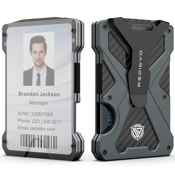 Oaridey Minimalist Wallet for Men- Slim Aluminum Metal Money Clip with Clear ID Card Holder, RFID Blocking, Holds up 15 Cards with Cash Clip, Ultra-Thin Tactical Carbon Fiber