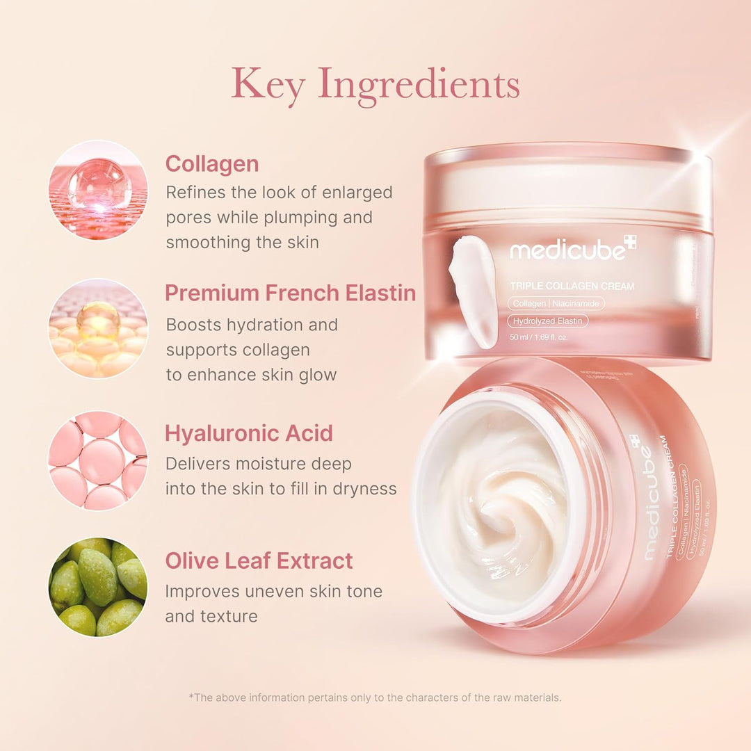 Medicube Triple Collagen Cream - Hydrating &amp; Firming Moisturizer with Hyaluronic Acid, Premium Elastin, Shea Butter - Wrinkle Care &amp; Boosts Elasticity - Korean Skincare, 1.69 oz