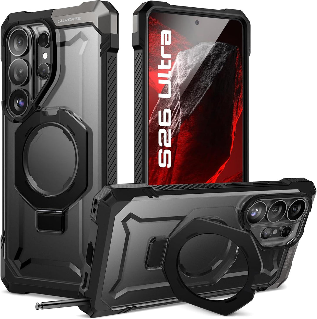 غطاء SUPCASE لهاتف Samsung Galaxy S26 Ultra مع حامل مدمج، ولوحة خلفية شفافة من البولي كربونات، ومغناطيس قوي، ومتوافق مع MagSafe، وحماية فائقة المتانة، ومقاوم للانزلاق، بتصميم Unicorn Beetle Grip
