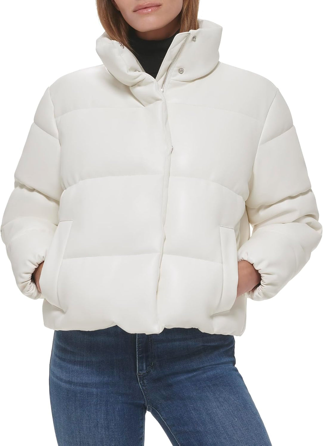 Calvin Klein Women's Short Faux-Leather Puffer Jacket