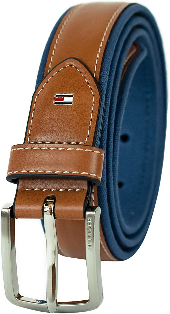 Tommy Hilfiger Men's Ribbon Inlay Fabric Belt 11TL02X178 with Harness Buckle Brown Navy - 3alababak