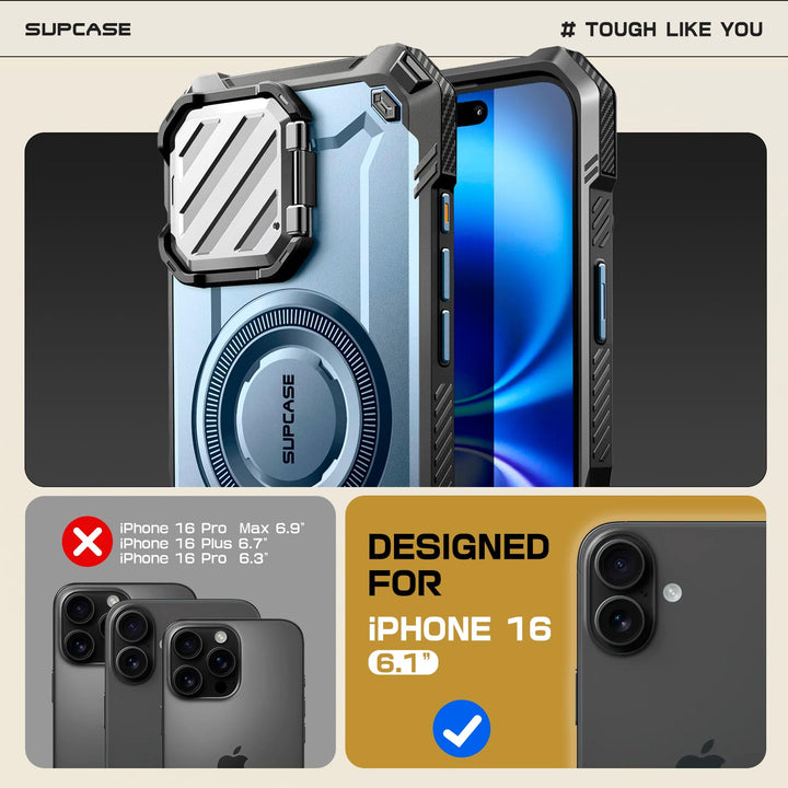 SUPCASE for iPhone 16 Case 6.1'' 2024 with Camera Cover Stand (UBMag XT), [Compatible with MagSafe] [Built-in Kickstand] [Military-Grade Protection] Heavy Duty Rugged Magnetic Phone Case