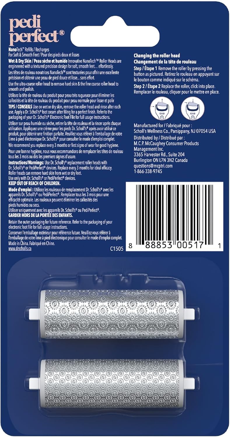Dr. Scholl’s NanoTech Roller Replacement Heads, Pedi Perfect Pro Foot File Mixed pack, 1x Ultra Coarse removes hard skin, 1x Fine Coarse to smooth and polish, use on wet &amp; dry feet, for foot care
