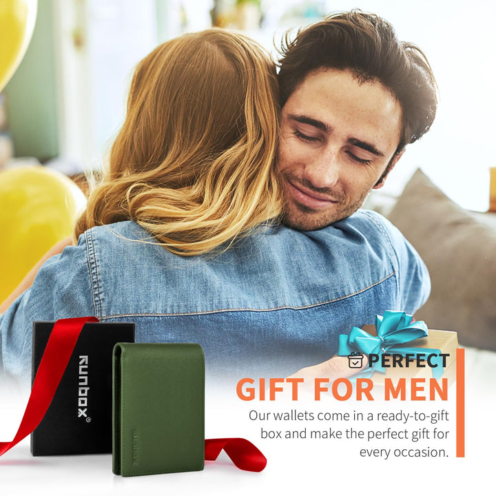 RUNBOX Wallet for Men Leather RFID Blocking Bifold Front Pocket Wallet Genuine Leather,Slim,12 Card Slots,2 ID Windows,2 Money Pockets, Gift for Men,Compact Travel Business Passport