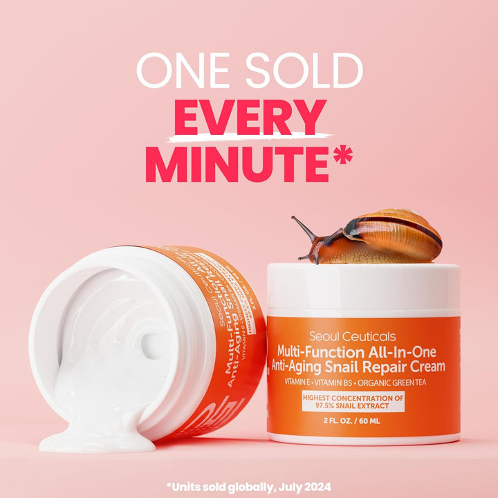 SeoulCeuticals Snail Mucin Moisturizer 97.5% - Korean Skin Care Snail Repair Cream - Day &amp; Night Anti Aging K Beauty Skincare Cruelty Free 2oz