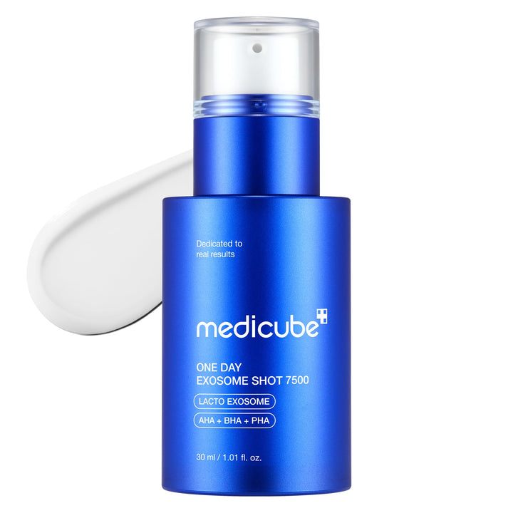 Blue skincare serum bottle with &