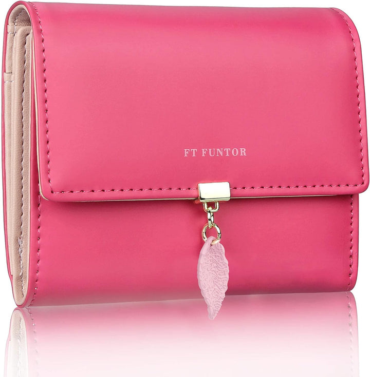 FT FUNTOR RFID Wallets for Women, Leaf Card Holder Trifold Ladies Wallets Coins Zipper Pocket with ID Window