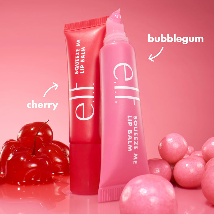 ثنائي مرطب الشفاه "squeeze Me More" من إلف، مرطب شفاه يمنحكِ لونًا خفيفًا، مصنوع من حمض الهيالورونيك، نباتي ولم يُختبر على الحيوانات، بنكهة الكرز والعلكة.