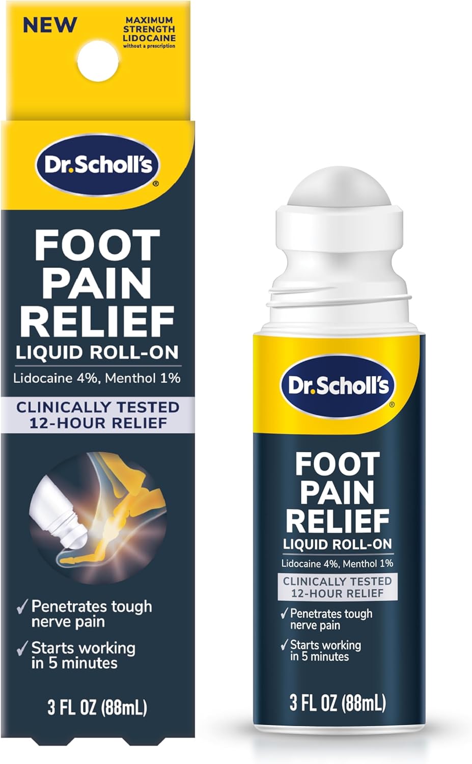 Dr. Scholl's Foot Pain Relief Liquid ROLL-ON, 3.0 oz // Clinically Tested 12-Hour Pain Relief - Penetrates Tough Nerve Pain - Works in 5 Minutes - Non-Greasy - with Lidocaine & Menthol