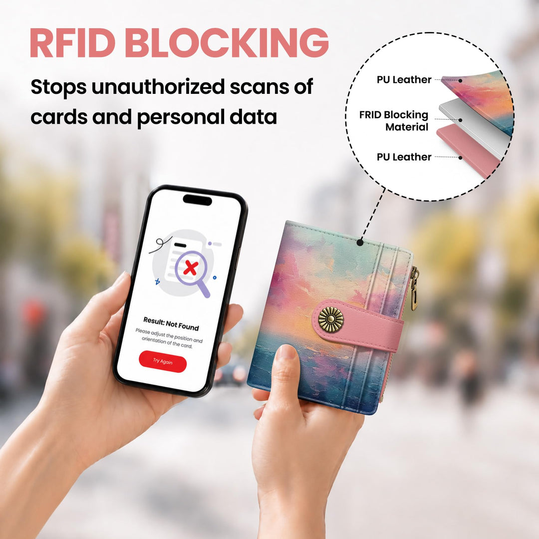 محفظة ألونيد الصغيرة للنساء، محفظة بطاقات ثنائية الطي لطيفة ومحمية من تقنية RFID، تحتوي على 10 فتحات للبطاقات، ومقصورة للنقود، وجيب بسحاب للعملات المعدنية، ونافذة للهوية، بحجم مدمج ومصنوعة من جلد نباتي ناعم