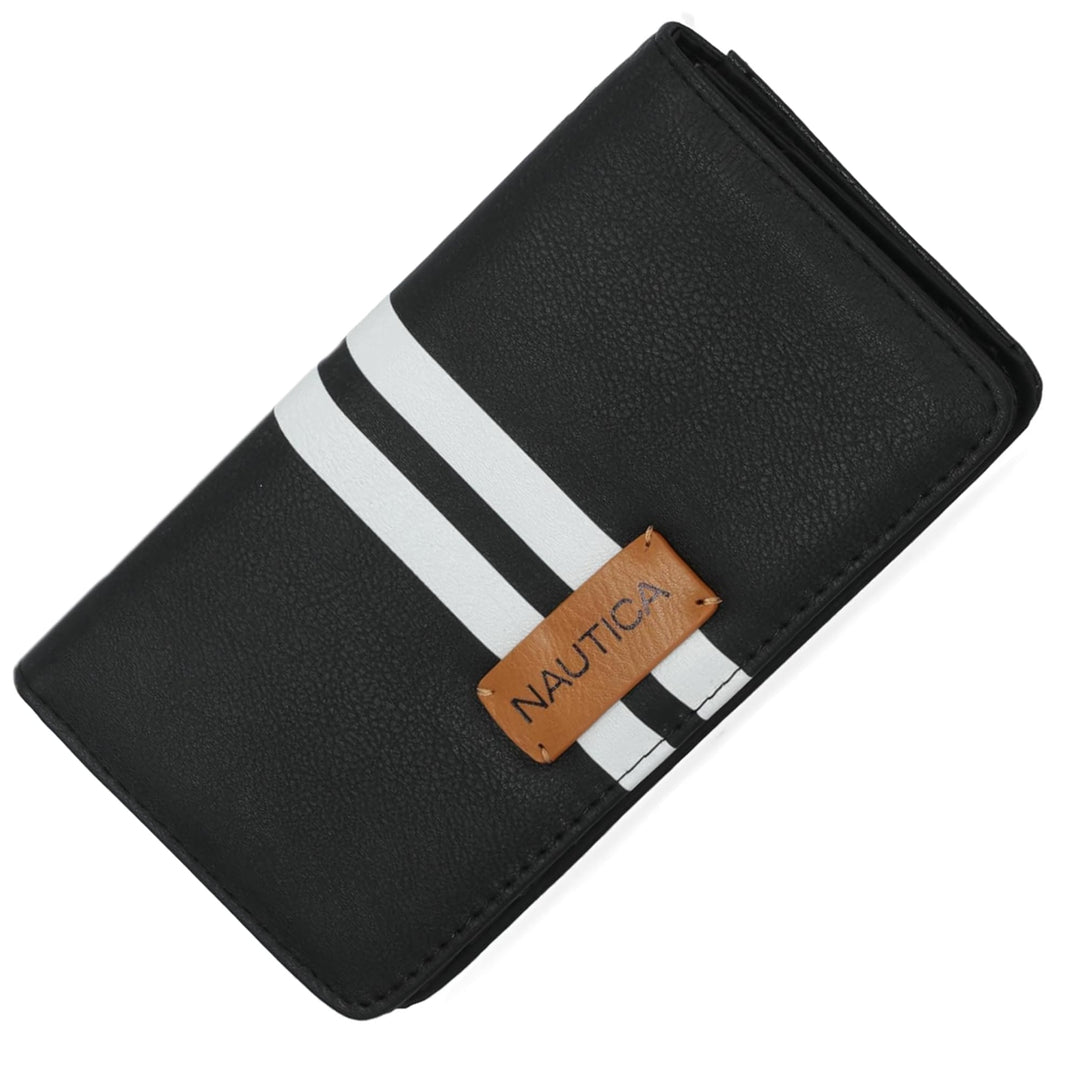 Black wallet with white stripes and a brown Nautica label on a white background