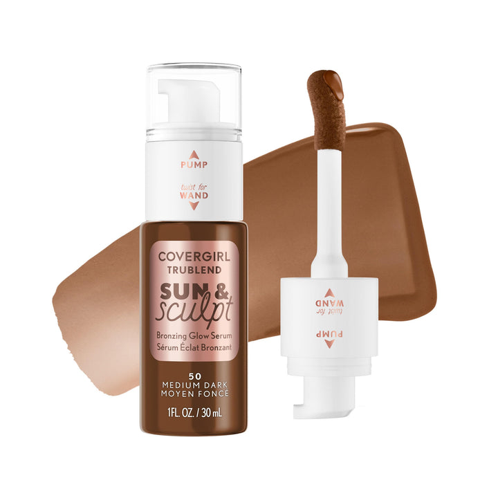 COVERGIRL TruBlend Sun &amp; Sculpt Bronzing Glow Serum, Buildable, Radiant Glow, Wand and Pump Applicator