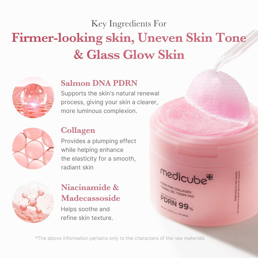 medicube Toner Pads Salmon DNA PDRN Pink Collagen Jelly Pad | Korean Gel Toner Pad | Niacinamide, Madecassoside, Retinol | Soothing, Radiance, Uneven Skin Tone | Korean Skin Care | 70 Pads (1 Pack)