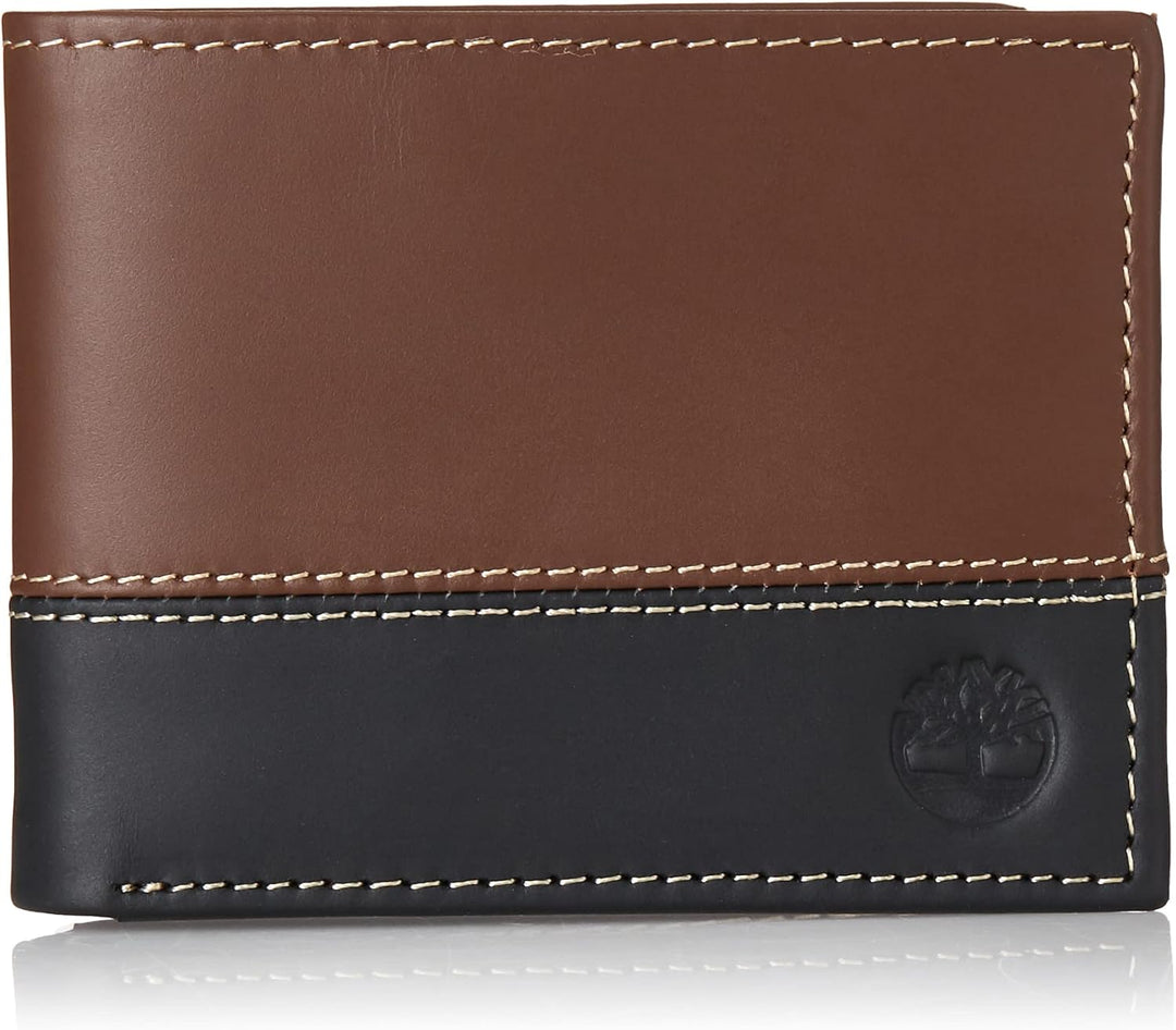 Timberland D87242/00 mens Leather Passcase Trifold Wallet Hybrid, Black/Brown, One Size