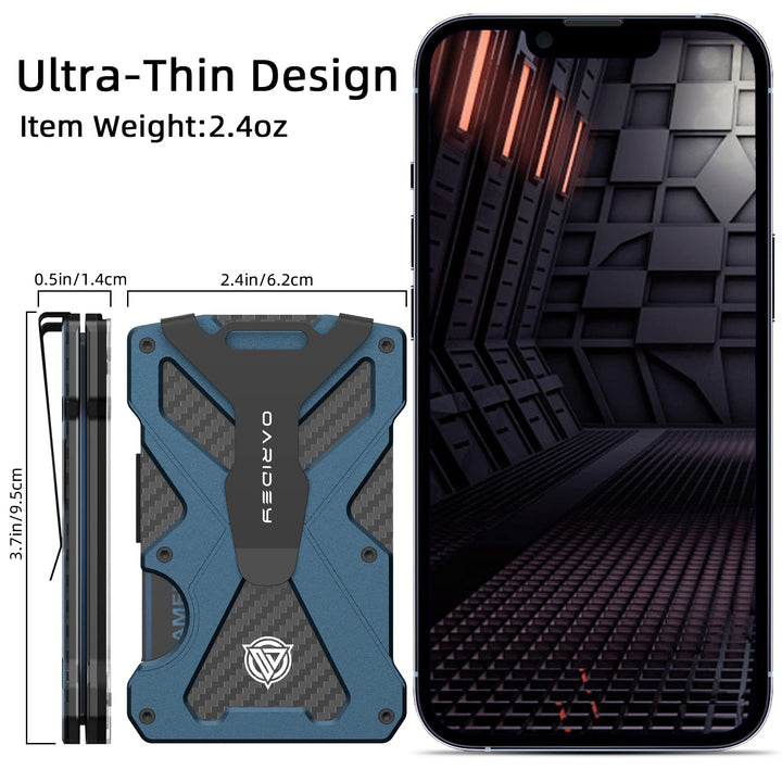Oaridey Minimalist Wallet for Men- Slim Aluminum Metal Money Clip with Clear ID Card Holder, RFID Blocking, Holds up 15 Cards with Cash Clip, Ultra-Thin Tactical Carbon Fiber