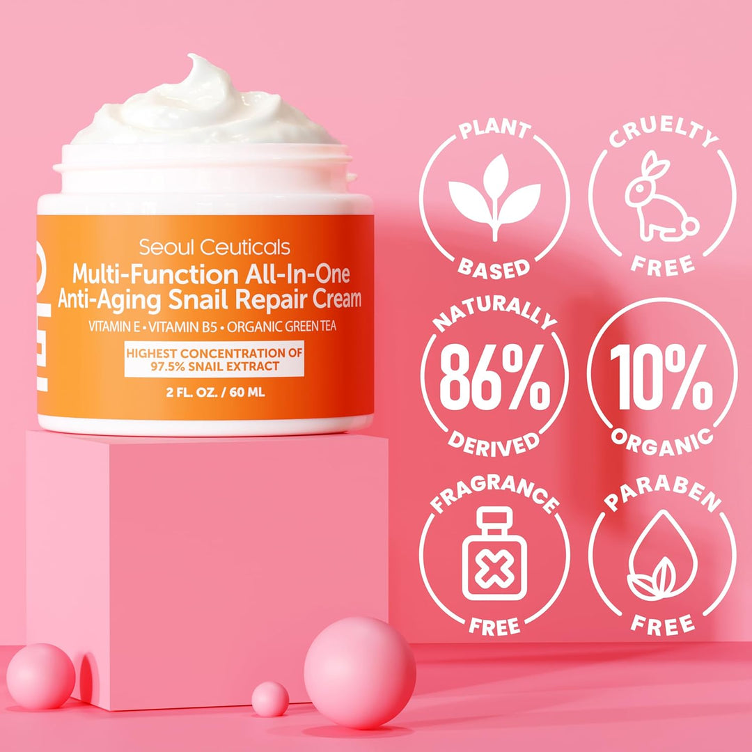 SeoulCeuticals Snail Mucin Moisturizer 97.5% - Korean Skin Care Snail Repair Cream - Day &amp; Night Anti Aging K Beauty Skincare Cruelty Free 2oz