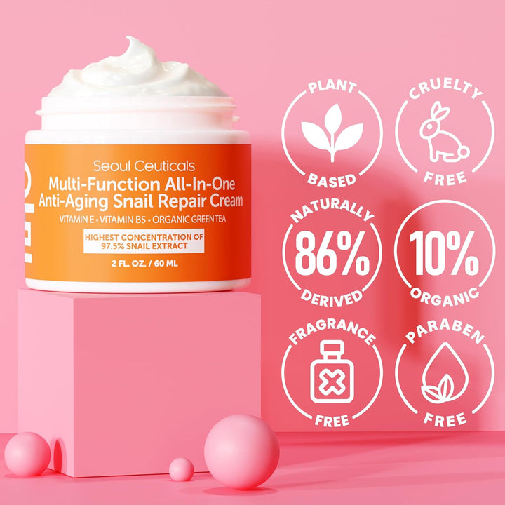 SeoulCeuticals Snail Mucin Moisturizer 97.5% - Korean Skin Care Snail Repair Cream - Day &amp; Night Anti Aging K Beauty Skincare Cruelty Free 2oz