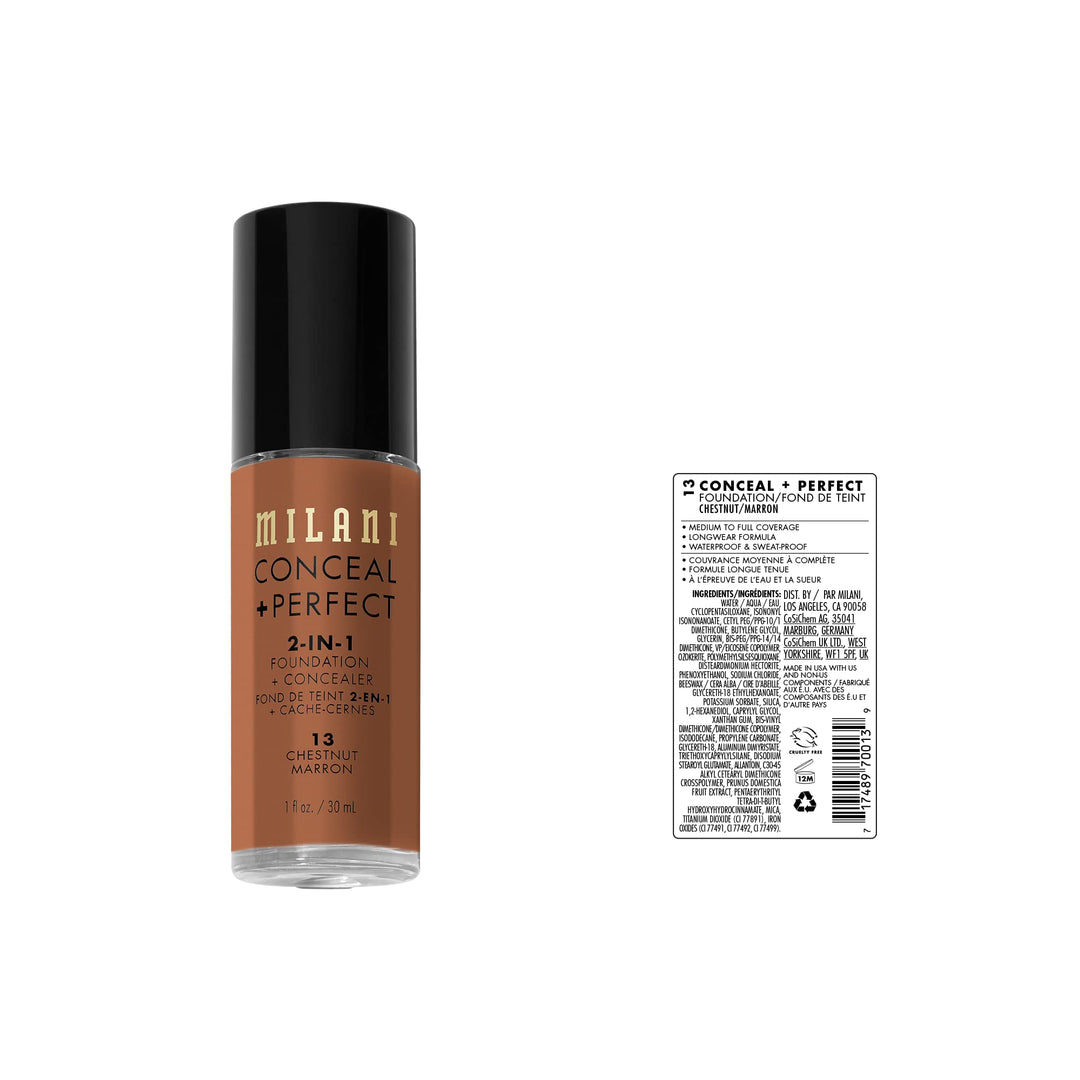 Milani Conceal + Perfect 2-in-1 Foundation + Concealer for a Flawless Complexion, Under Eye Corrector, Cover Redness and Imperfections, Waterproof and Sweatproof
