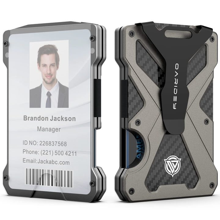 Oaridey Minimalist Wallet for Men- Slim Aluminum Metal Money Clip with Clear ID Card Holder, RFID Blocking, Holds up 15 Cards with Cash Clip, Ultra-Thin Tactical Carbon Fiber
