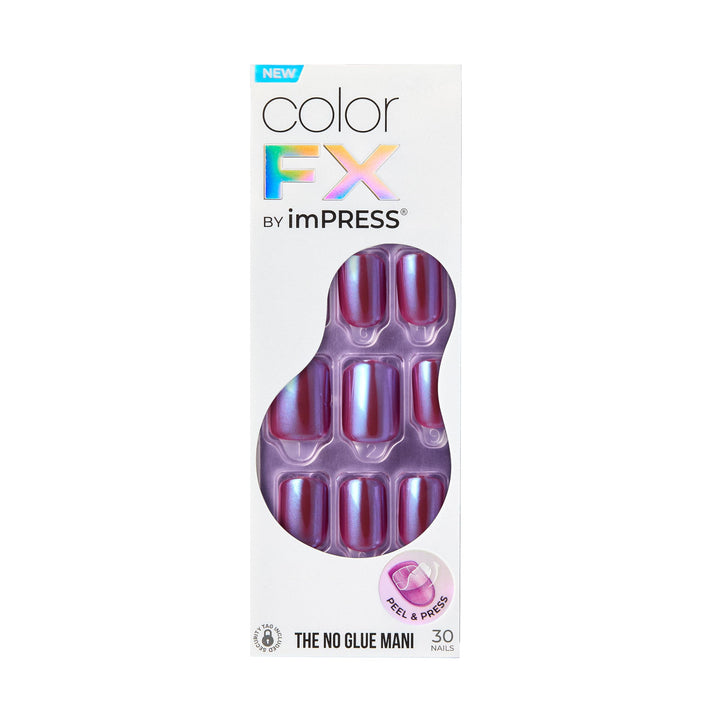 KISS colorFX by imPRESS Press On Nails , ‘Reconnect’, Solid Blue with Pearlescent Finish, Short Oval, New &amp; Improved Adhesive, Includes 30 Fake Nails, Prep Pad, 1 Manicure Stick, 1 Mini Nail File