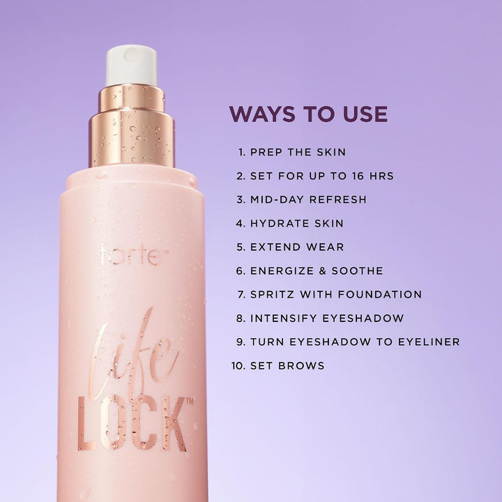 tarte Life Lock Hydrating Setting Spray – 10-in-1 Weightless Mist with Hyaluronic Acid to Hydrate &amp; Lock Long-Lasting Makeup, Waterproof, Sweatproof &amp; Transfer-Resistant, Vegan &amp; Cruelty Free