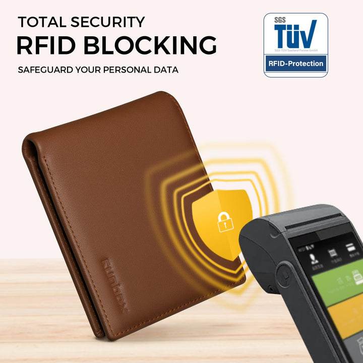 RUNBOX Wallet for Men Leather RFID Blocking Bifold Front Pocket Wallet Genuine Leather,Slim,12 Card Slots,2 ID Windows,2 Money Pockets, Gift for Men,Compact Travel Business Passport