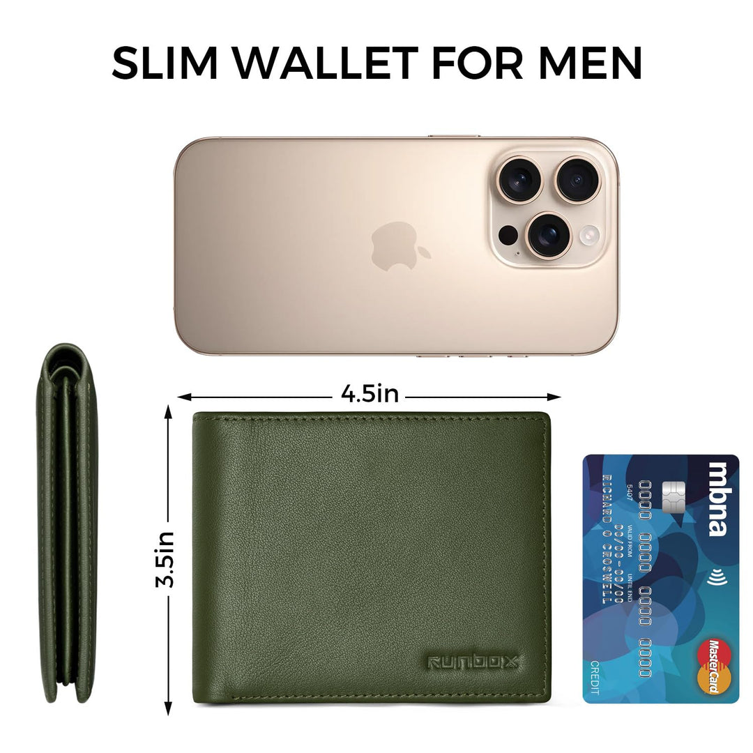 RUNBOX Wallet for Men Leather RFID Blocking Bifold Front Pocket Wallet Genuine Leather,Slim,12 Card Slots,2 ID Windows,2 Money Pockets, Gift for Men,Compact Travel Business Passport
