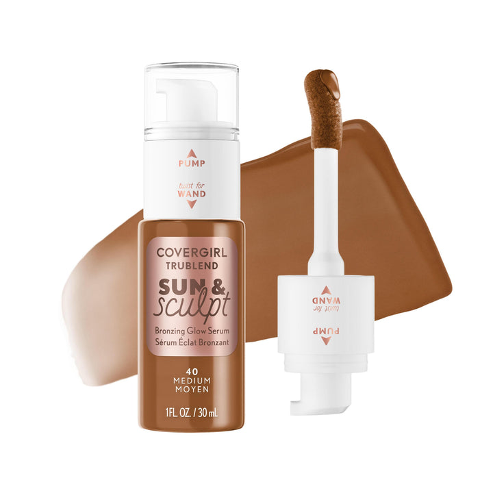 COVERGIRL TruBlend Sun &amp; Sculpt Bronzing Glow Serum, Buildable, Radiant Glow, Wand and Pump Applicator
