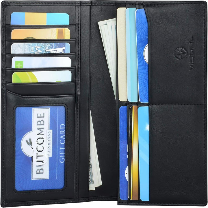 VISOUL Men's Leather Long Checkbook Bifold Wallets with RFID Blocking, Breast Pocket Tall Billfold Secretary Wallet for Men with Card Slots (Black)