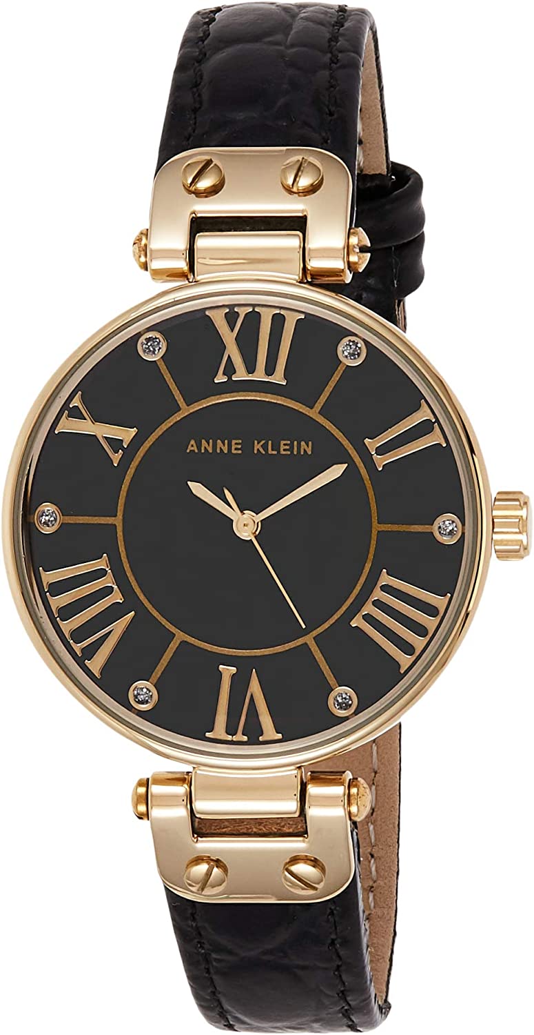 Anne Klein Women's AK/1396BMBK Gold-Tone Black Mother-Of-Pearl Dial Leather Dress Watch - 3alababak