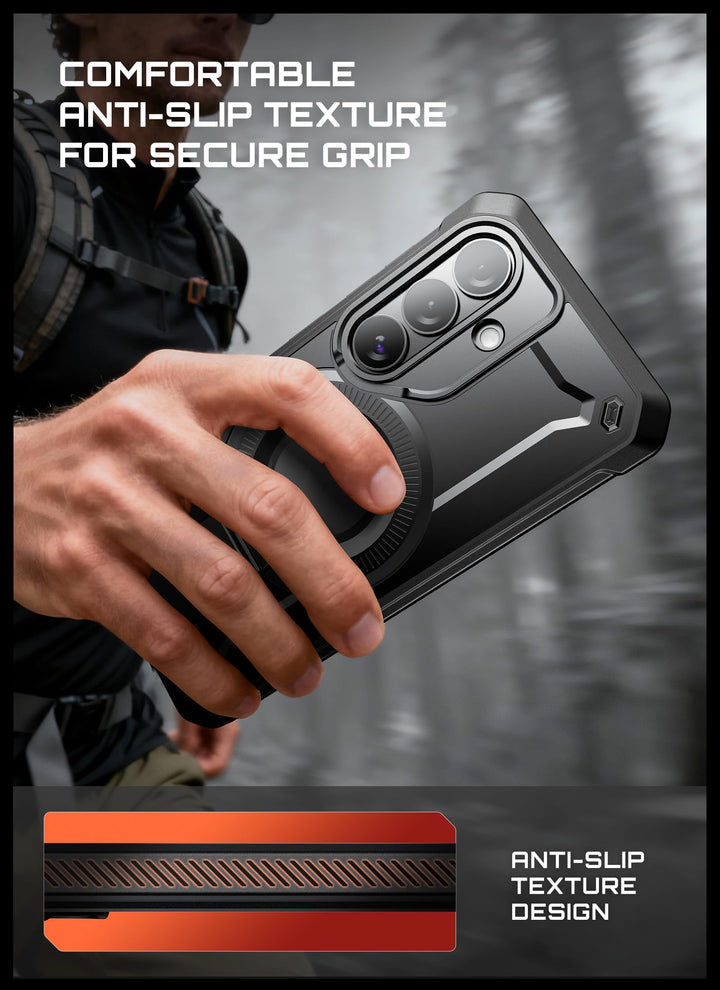 حافظة SUPCASE لسلسلة Samsung Galaxy S26 مزودة بحامل مدمج، وحماية بمعيار عسكري، ومتوافقة مع MagSafe، ومشبك حزام قابل للفصل، وواقي شاشة وإطار أمامي مدمجين، UBPro Mag