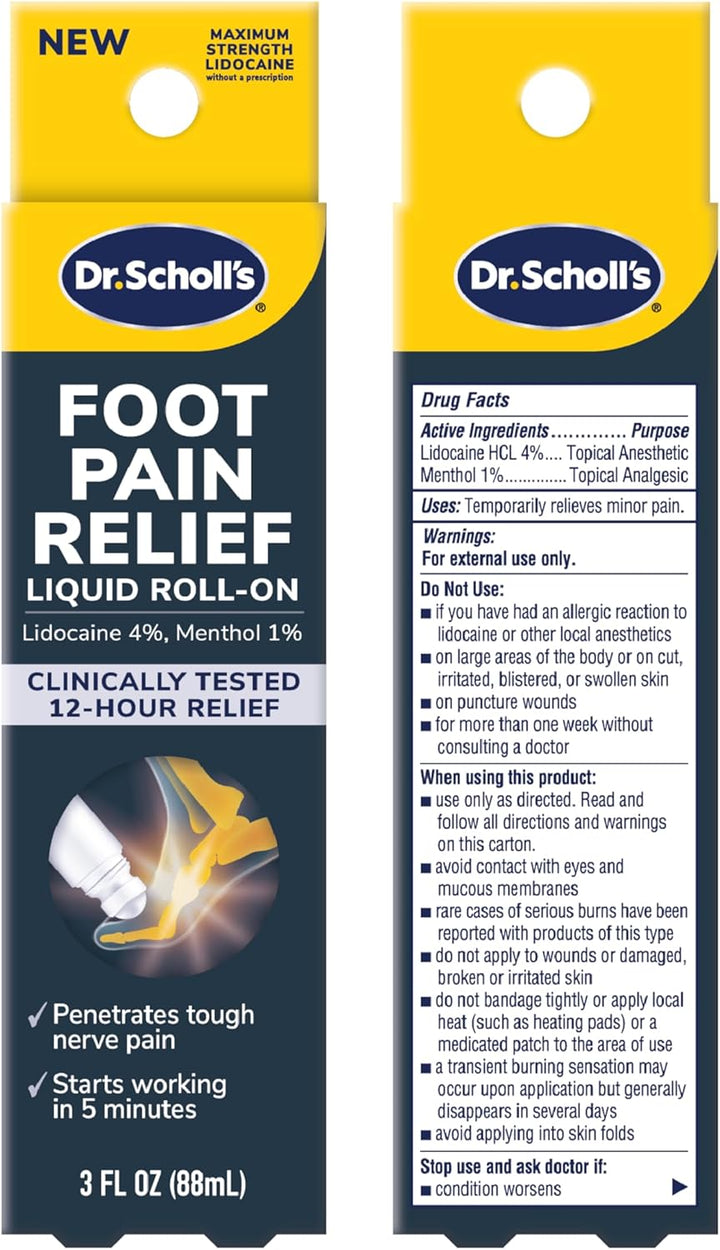 Dr. Scholl's Foot Pain Relief Liquid ROLL-ON, 3.0 oz // Clinically Tested 12-Hour Pain Relief - Penetrates Tough Nerve Pain - Works in 5 Minutes - Non-Greasy - with Lidocaine & Menthol