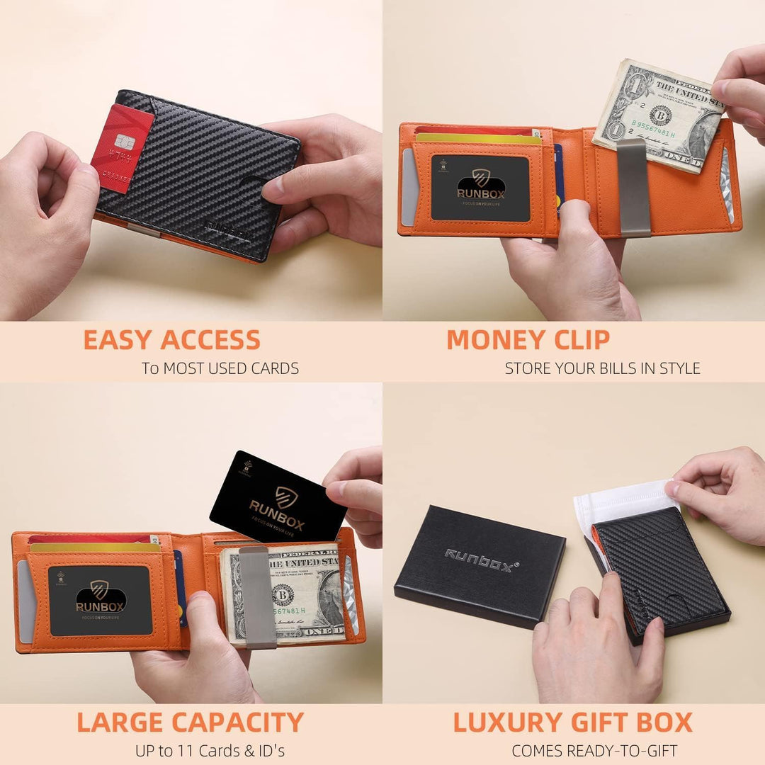 محفظة رن بوكس (RUNBOX) النحيفة للرجال - محفظة جلدية ثنائية الطي مزودة بمشبك للنقود وحماية من مسح البيانات (RFID)، تصميم بسيط للجيب الأمامي، تتسع لـ 11 بطاقة، تصميم رفيع، حماية من مسح البيانات (RFID)