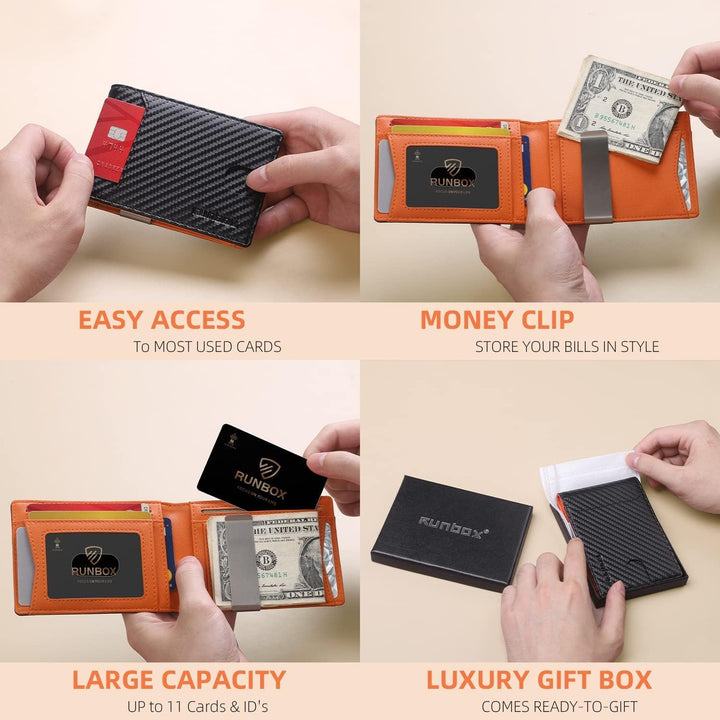 محفظة رن بوكس (RUNBOX) النحيفة للرجال - محفظة جلدية ثنائية الطي مزودة بمشبك للنقود وحماية من مسح البيانات (RFID)، تصميم بسيط للجيب الأمامي، تتسع لـ 11 بطاقة، تصميم رفيع، حماية من مسح البيانات (RFID)