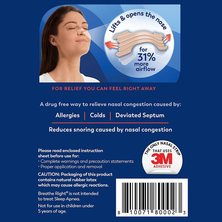 Breathe Right Nasal Strips, Extra Strength Tan Nose Strips, Drug-Free Nasal Congestion Relief for Better Breathing, Help Relieve Snoring, Caused by Colds &amp; Allergies, Deviated Septum, 26ct