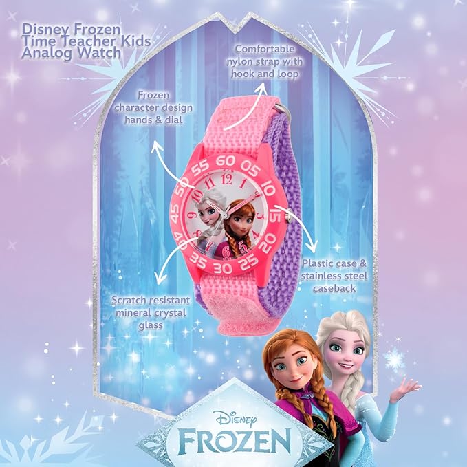 Disney Kids' W001790 Frozen Elsa and Anna Watch, Pink Nylon Band