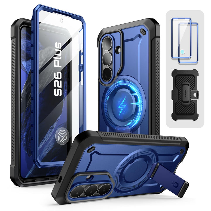 حافظة SUPCASE لسلسلة Samsung Galaxy S26 مزودة بحامل مدمج، وحماية بمعيار عسكري، ومتوافقة مع MagSafe، ومشبك حزام قابل للفصل، وواقي شاشة وإطار أمامي مدمجين، UBPro Mag