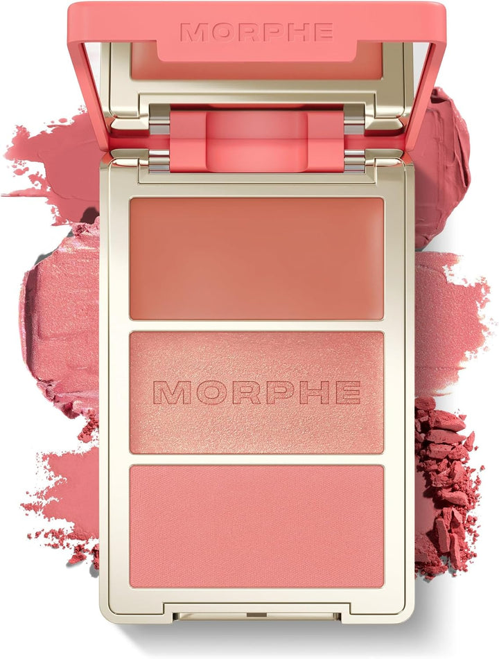 Morphe Cheek Thrills Multi-Finish Face Trio - Blush for Cheeks with Cream, Balm, and Powder Finishes - Buildable Monochromatic Face Palette for Glow and Dimension