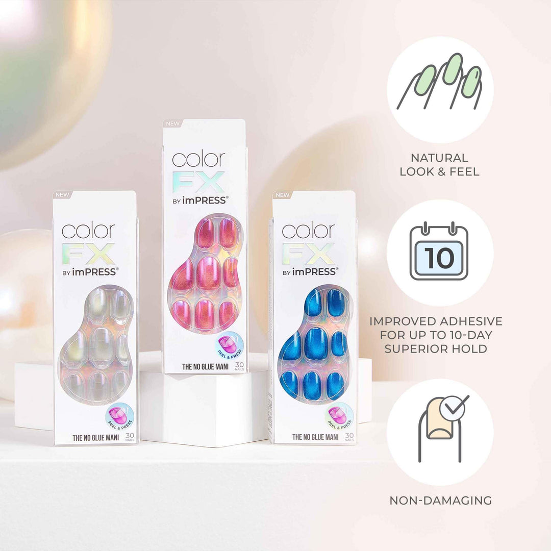 KISS colorFX by imPRESS Press On Nails , ‘Reconnect’, Solid Blue with Pearlescent Finish, Short Oval, New &amp; Improved Adhesive, Includes 30 Fake Nails, Prep Pad, 1 Manicure Stick, 1 Mini Nail File