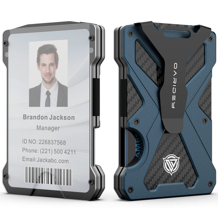 Oaridey Minimalist Wallet for Men- Slim Aluminum Metal Money Clip with Clear ID Card Holder, RFID Blocking, Holds up 15 Cards with Cash Clip, Ultra-Thin Tactical Carbon Fiber