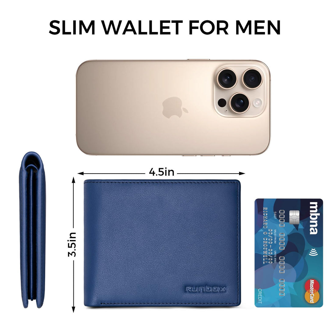 RUNBOX Wallet for Men Leather RFID Blocking Bifold Front Pocket Wallet Genuine Leather,Slim,12 Card Slots,2 ID Windows,2 Money Pockets, Gift for Men,Compact Travel Business Passport