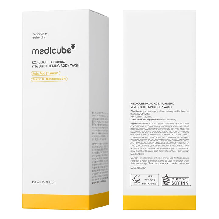 medicube Kojic Acid Turmeric Brightening Body Wash | Gentle Shower Gel for Uneven Skin | Niacinamide, Vitamin C, AHA/BHA | Deep Cleansing, Hydrating Formula | Easy and Effective, 13.52 fl.oz